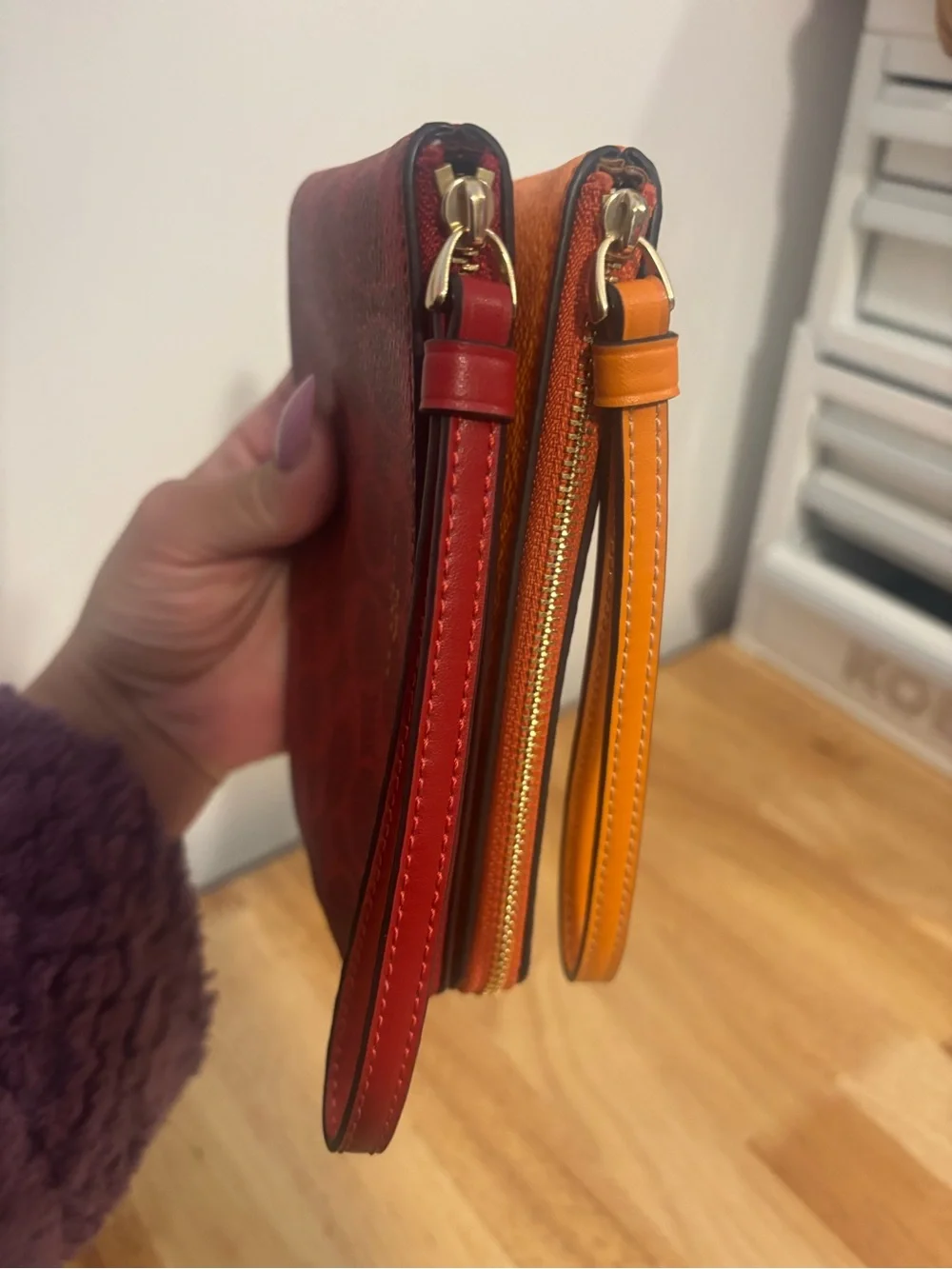 Coach Signature Double Wristlet Pouches — Orange & Red